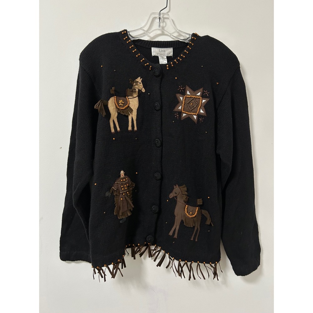 Lisa International Western Horse Cardigan Womens Large Black Boho Fringe Beaded